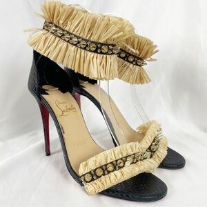 Christian Louboutin Poupedou Raffia Open Toe Leather Stiletto Heels Black EU 36